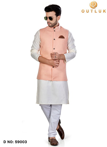 Peach Outluk Vol 59 Wedding Wear Kurta Pajama With Jacket Mens Collection 59003